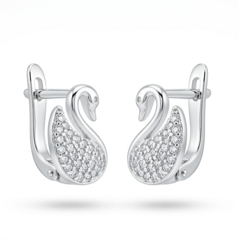 Dormeuses Argent \'Cygne\' blanc argenté - 10x8 mm - [S2125]