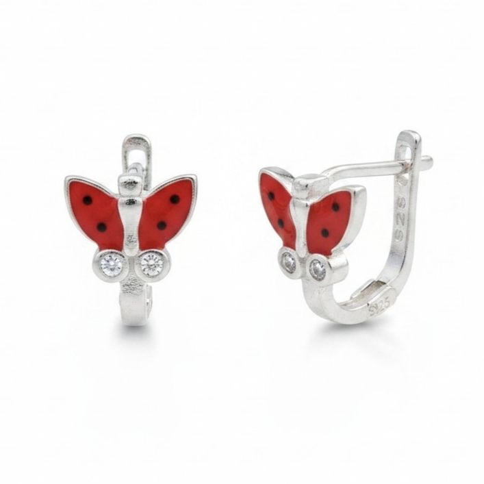 Boucles dormeuses Argent \'Papillons\' rouge argenté - 9x8 mm - [S2145]