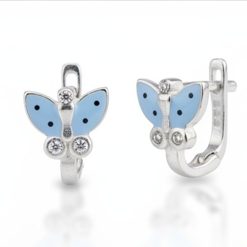 Boucles dormeuses Argent \'Papillons\' bleu ciel argenté - 9x8 mm - [S2146]
