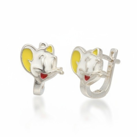 Boucles dormeuses Argent \'Petites Souris Curieuses\' jaune rouge argenté - 10x10 mm - [S2148]