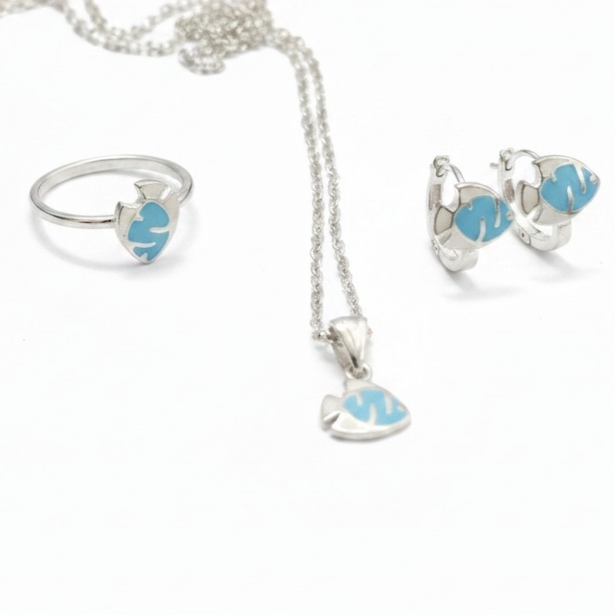 Parure argent \'Petit Moussaillon\' bleu argenté (collier, bague et boucles) - 9x7 mm - [S2152]