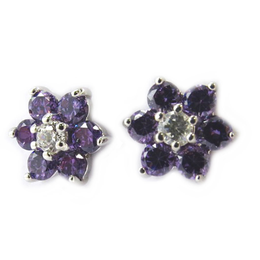 Boucles argent \'Fleurs de Cristal\' violet  - [M1742]