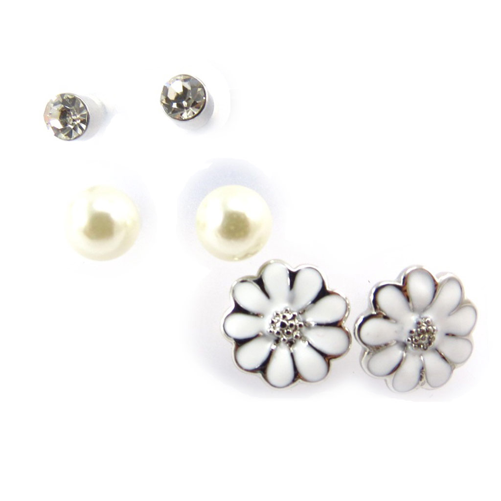 3 paires de boucles \'Flora\' blanc ivoire - [K0288]