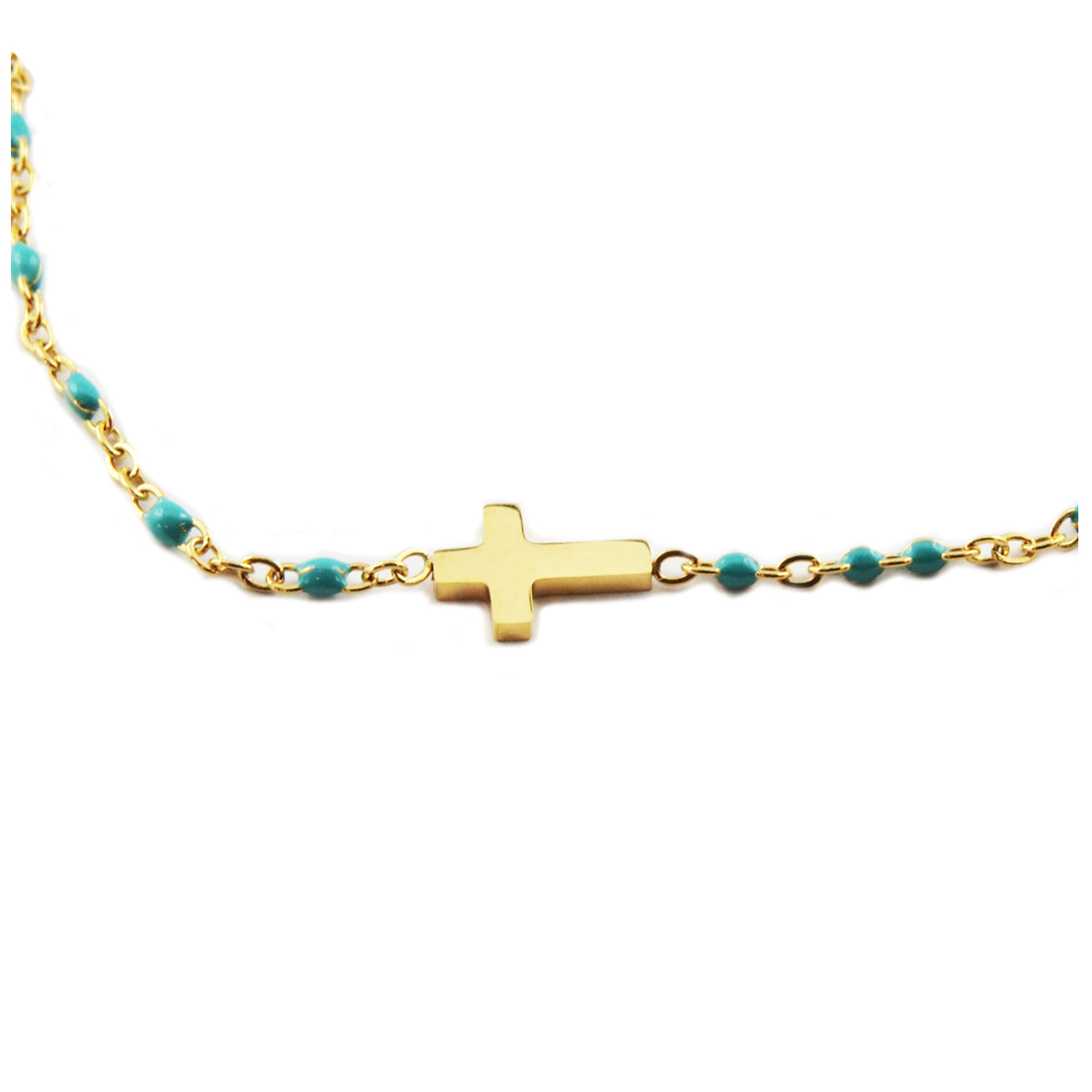 Bracelet créateur Acier \'Croix\' turquoise doré - 10x7 mm - [R0057]