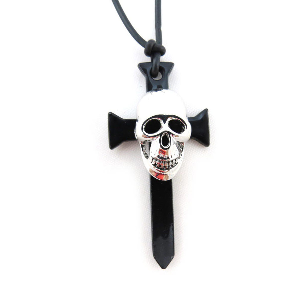 Collier créateur \'Tête de Mort\' noir argenté  - [J3629]