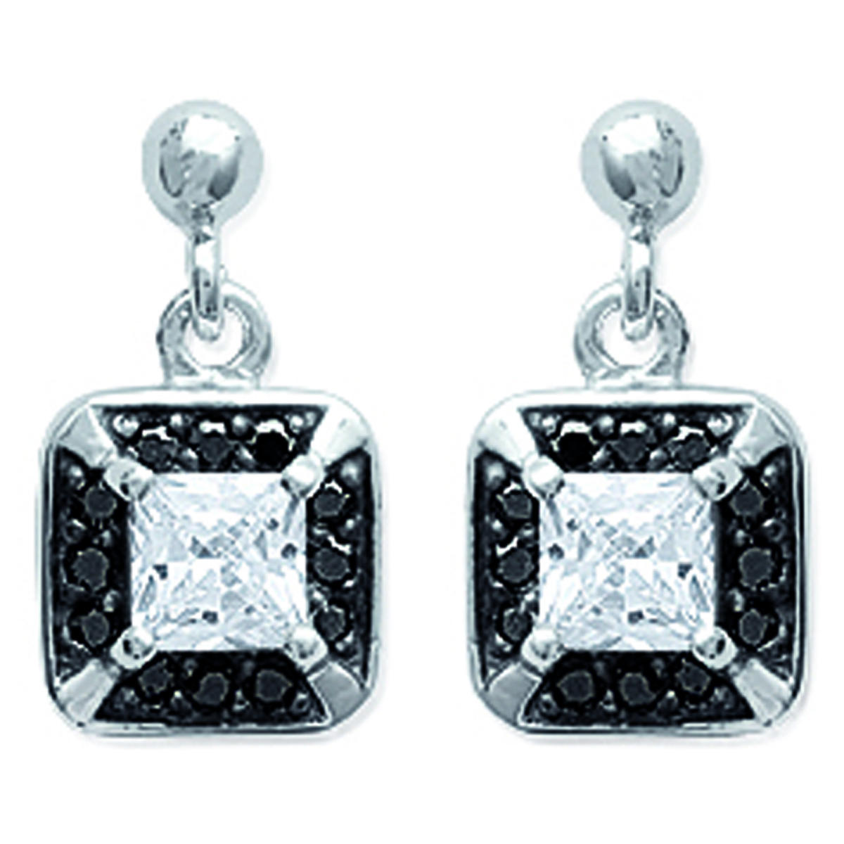 Boucles Argent \'Romy\' noir blanc (rhodié) - 8x8 mm - [I4726]