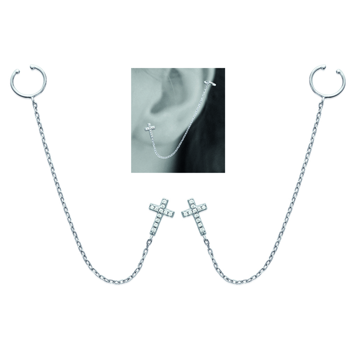 Boucles bagues oreilles argent \'Croix\' blanc argenté (rhodié) - 9x6 mm - [M9928]