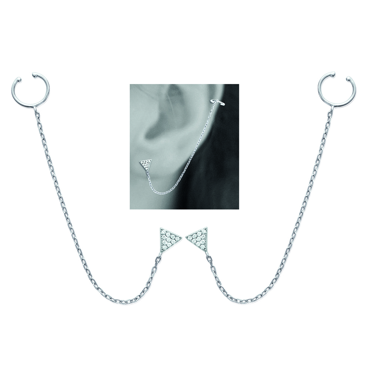 Boucles bagues oreilles argent \'Triangles\' blanc argenté (rhodié) - 5x5 mm - [M9929]