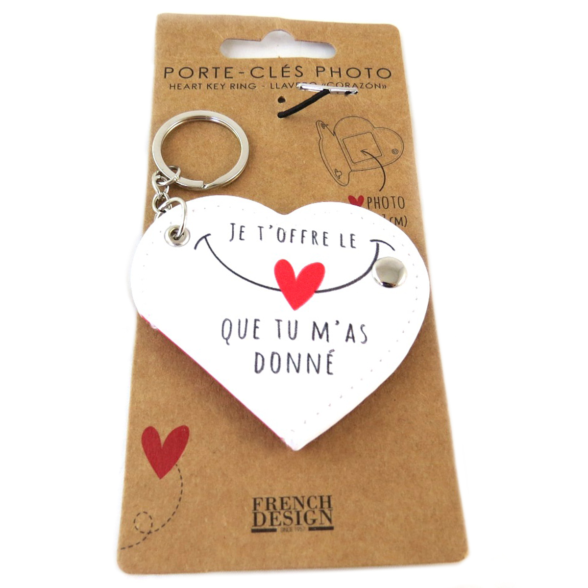 Porte-Clés photo \'Messages\' coeur blanc (Je t\'offre le coeur que tu m\'as donné) - 70x60 mm - [Q0782]
