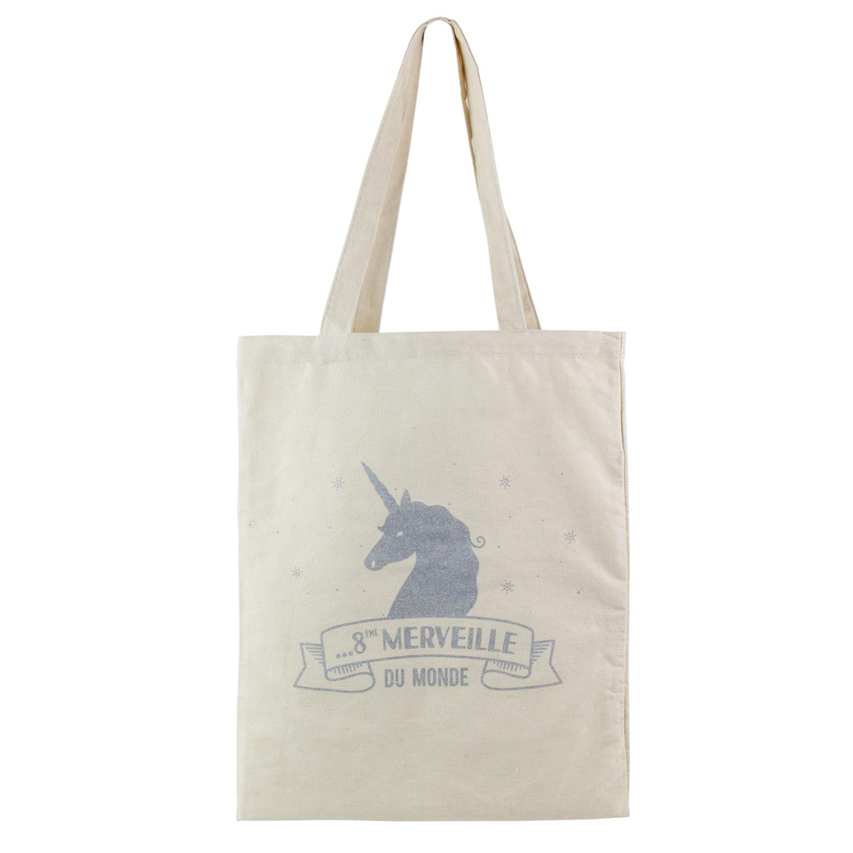 Sac coton / Tote bag \'Licorne My Unicorn\' beige argenté (8ème Merveille du Monde) -  41x345 cm - [Q0826]