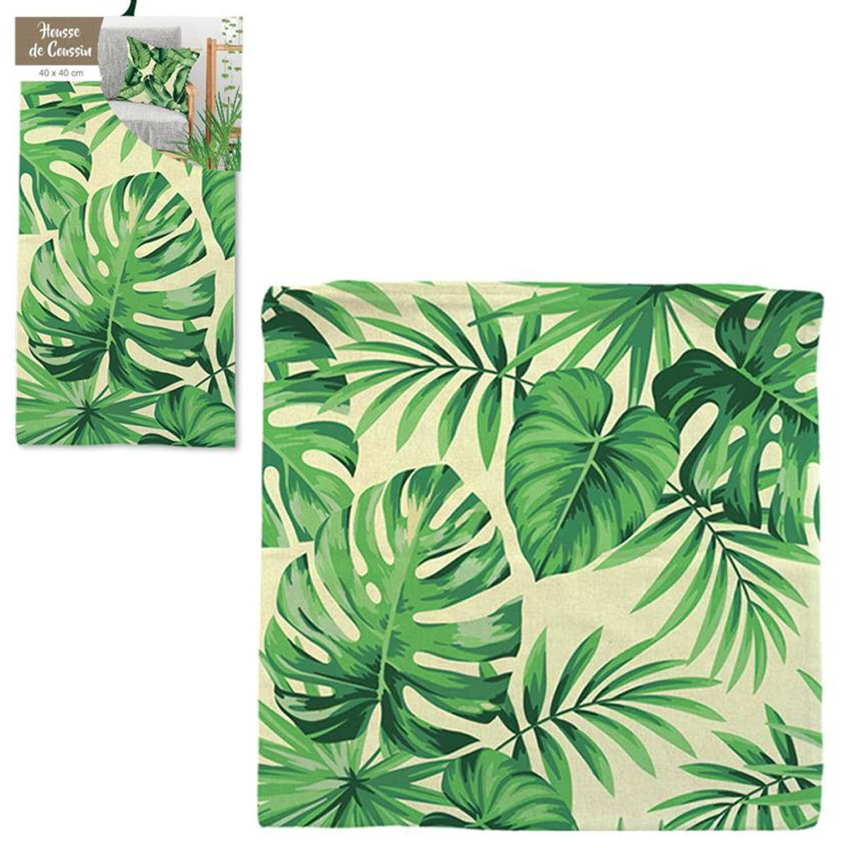 Housse de coussin coton \'Jungle\' beige vert (feuilles tropicales) - 40x40 cm - [Q2185]