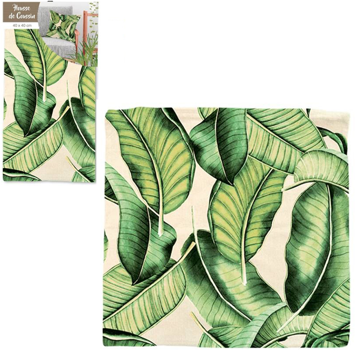 Housse de coussin coton \'Jungle\' beige vert (feuilles de bananier) - 40x40 cm - [Q2186]