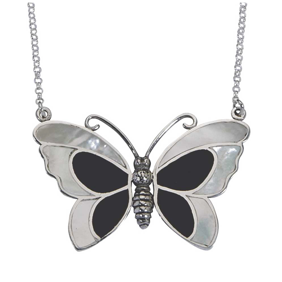 Collier Argent \'Papillon des Songes\' noir blanc nacré - 40x25 mm - [P2552]
