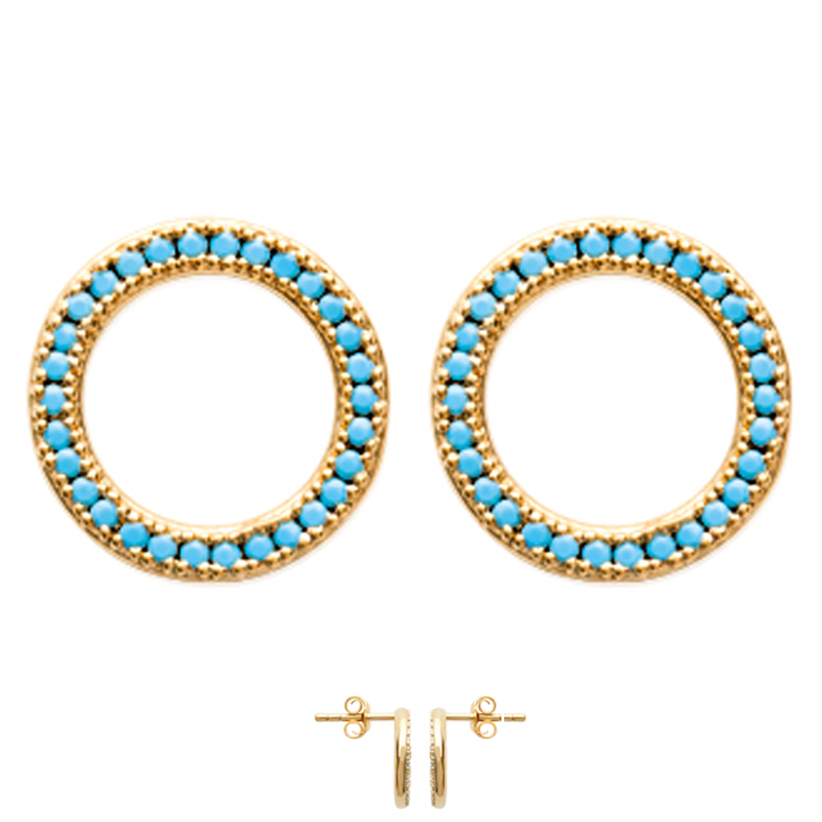 Boucles Plaqué Or \'Navajos\' turquoise doré (cercles) - 13 mm - [N7140]