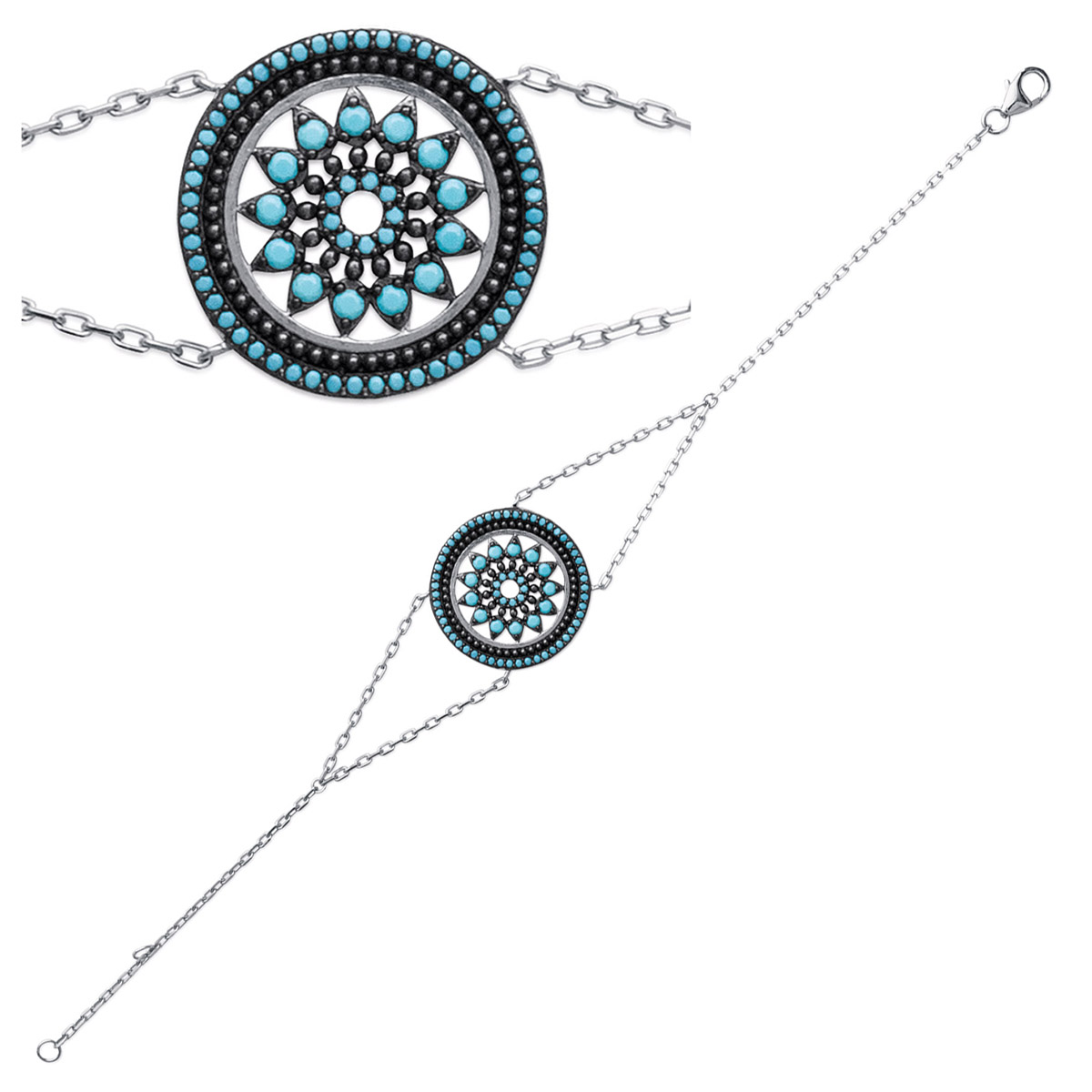 Bracelet argent \'Navajos\' turquoise argenté (rhodié) - 21 mm - [N7152]