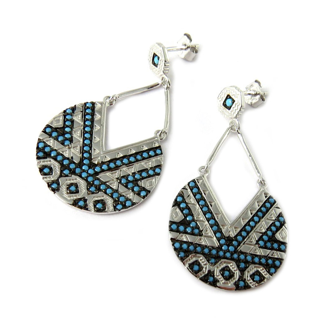 Boucles Argent \'Navajos\' turquoise argenté (rhodié) - 40x30 mm - [N7691]