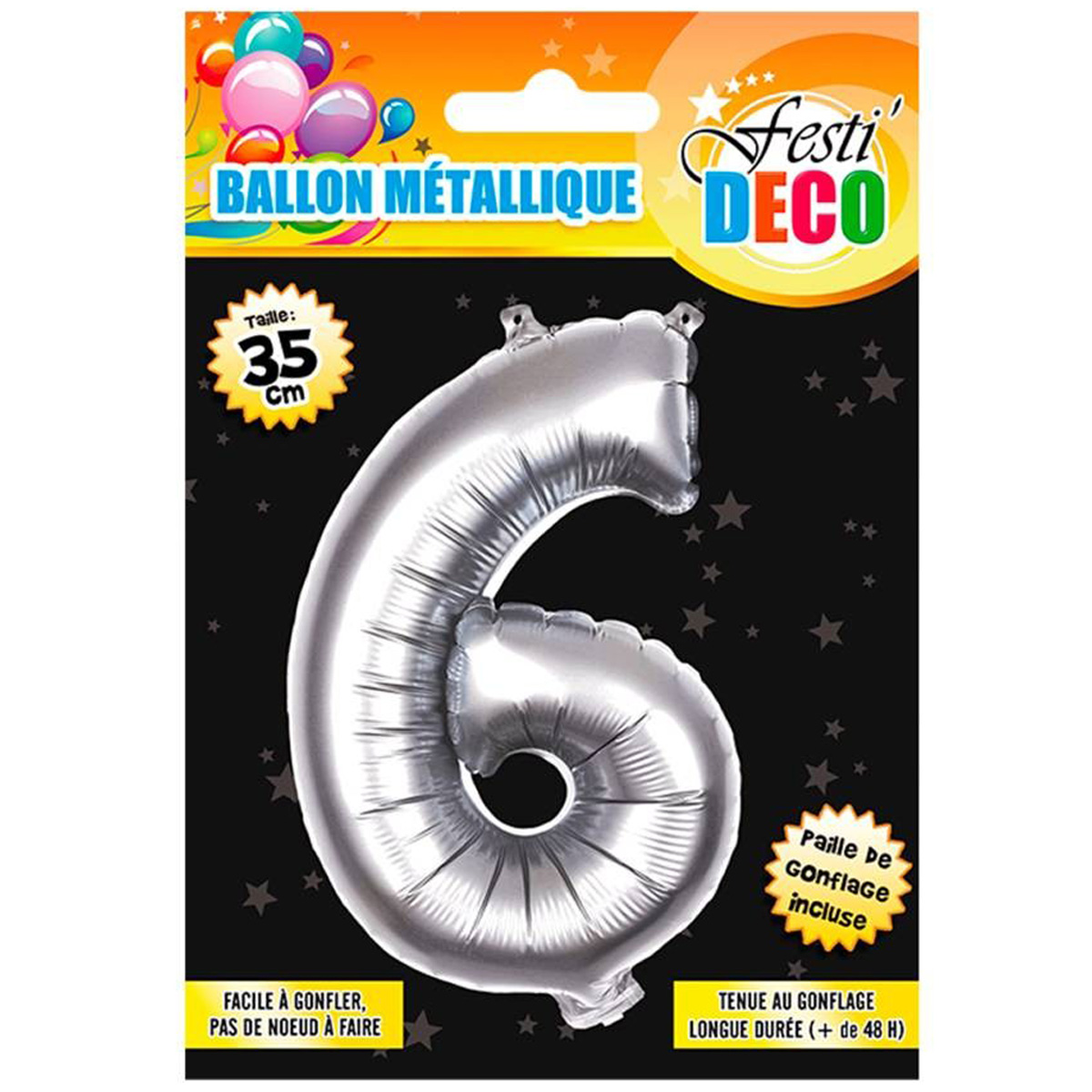 Ballon métallique \'Chiffre 6\' argenté - 35 cm - [Q4522]