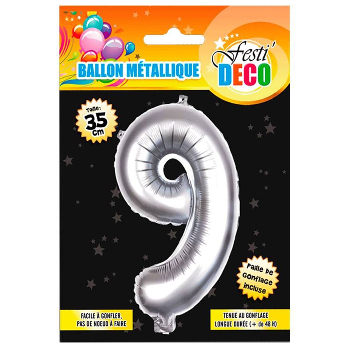 Ballon métallique \'Chiffre 9\' argenté - 35 cm - [Q4525]