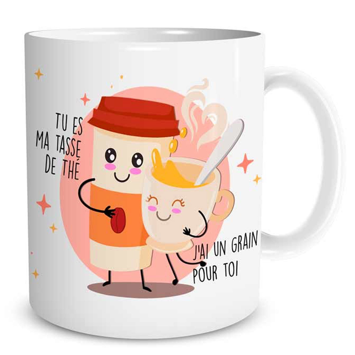 Mug céramique \'Mots d\'Amour\' rose marron (Tu es ma tasse de thé / j\'ai un grain pour toi) - 95x8 cm - [Q5140]
