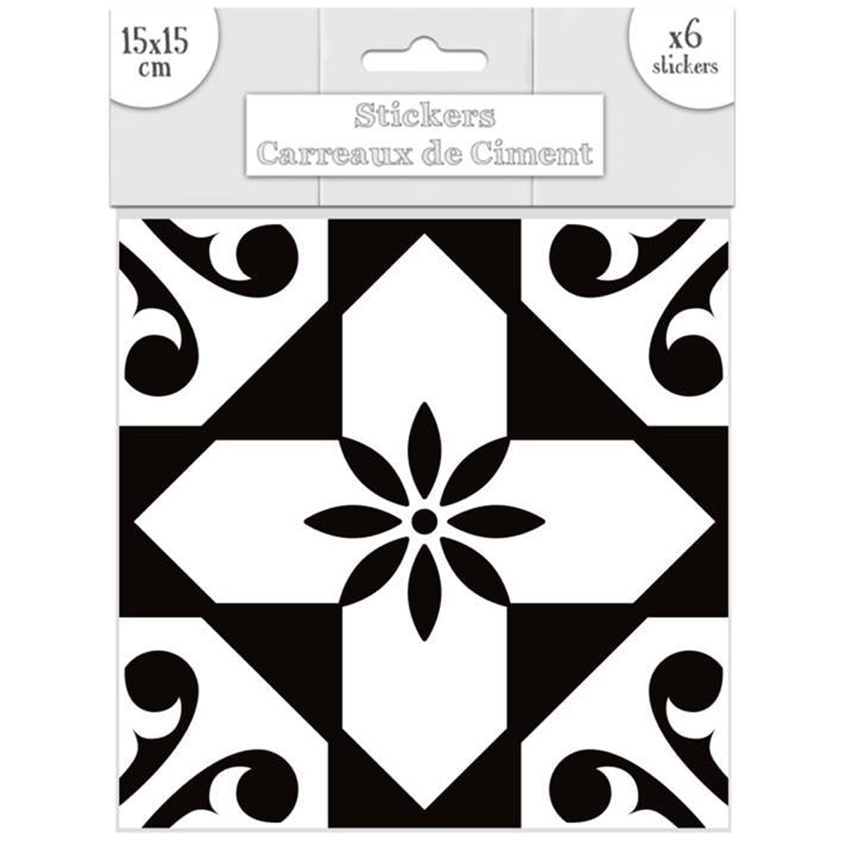 Set de 6 stickers \'Carreaux de Ciment\' noir - 15x15 cm - [Q7341]