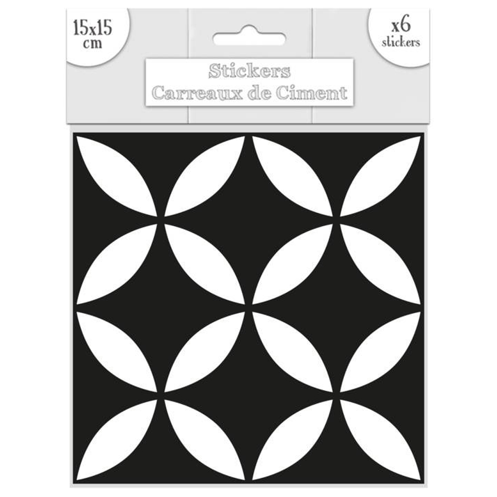 Set de 6 stickers \'Carreaux de Ciment\' noir - 15x15 cm - [Q7343]