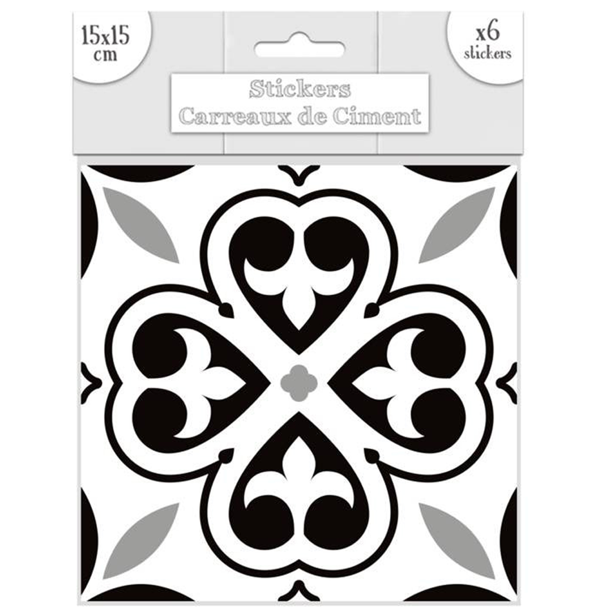 Set de 6 stickers \'Carreaux de Ciment\' noir - 15x15 cm - [Q7345]