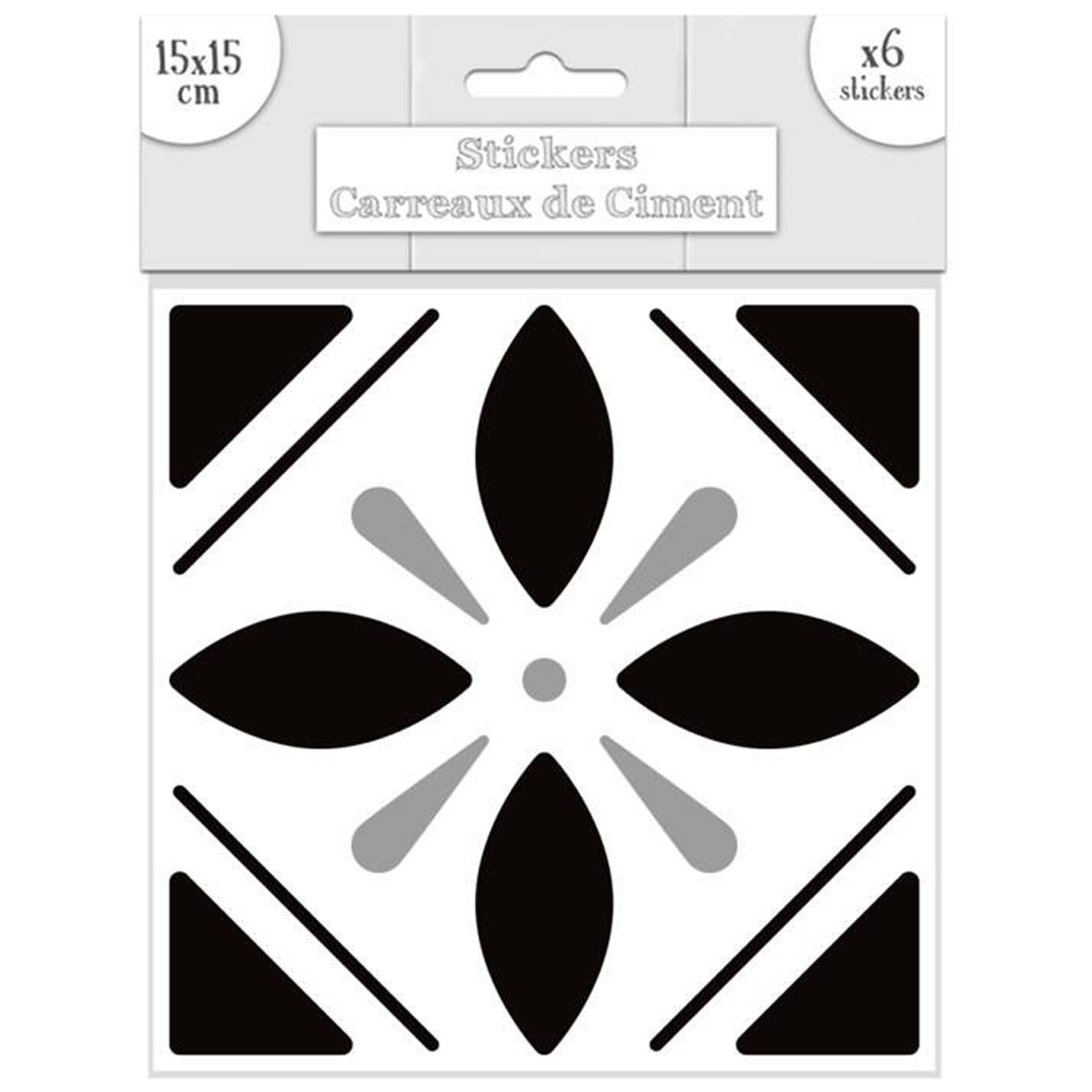 Set de 6 stickers \'Carreaux de Ciment\' noir - 15x15 cm - [Q7346]