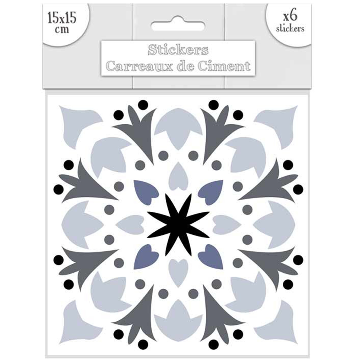 Set de 6 stickers \'Carreaux de Ciment\' gris - 15x15 cm - [Q7350]