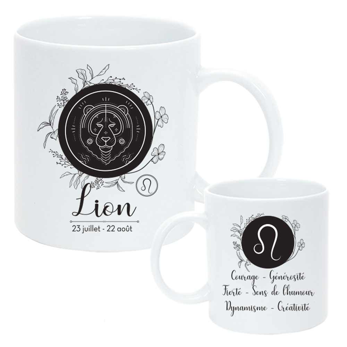 Mug céramique \'Horoscope\' blanc noir (Lion) - 95x8 cm - [Q8062]