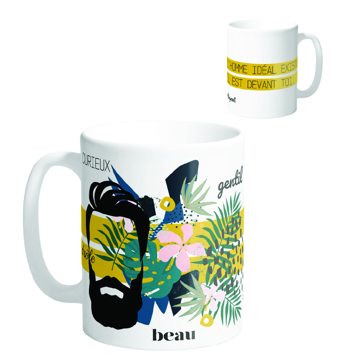 Mug tendresse \'Messages\' ocre vert noir (L\'homme idéal existe, il est devant toi - curieux, beau, gentil) - 95x80 mm - [Q8714]