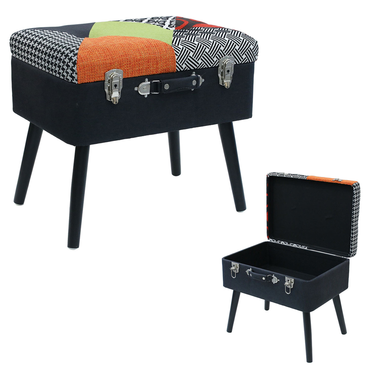Tabouret coffre valise \'Patchwork\' multicolore - 50x46x35 cm - [R2878]