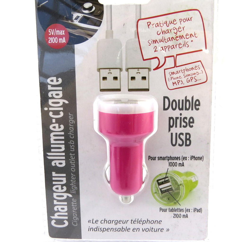 Chargeur allume-cigare \'Coloriage\' rose (double USB) - [L9143]