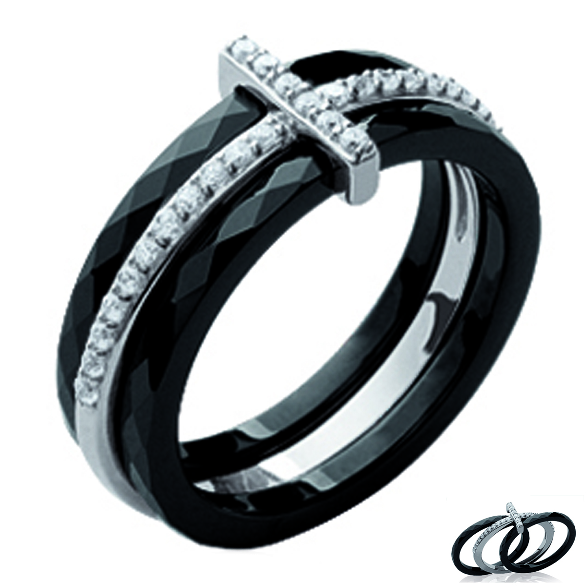 Bague Argent \'Sissi\' céramique noir argenté (rhodié) - 8 mm - [M1122]