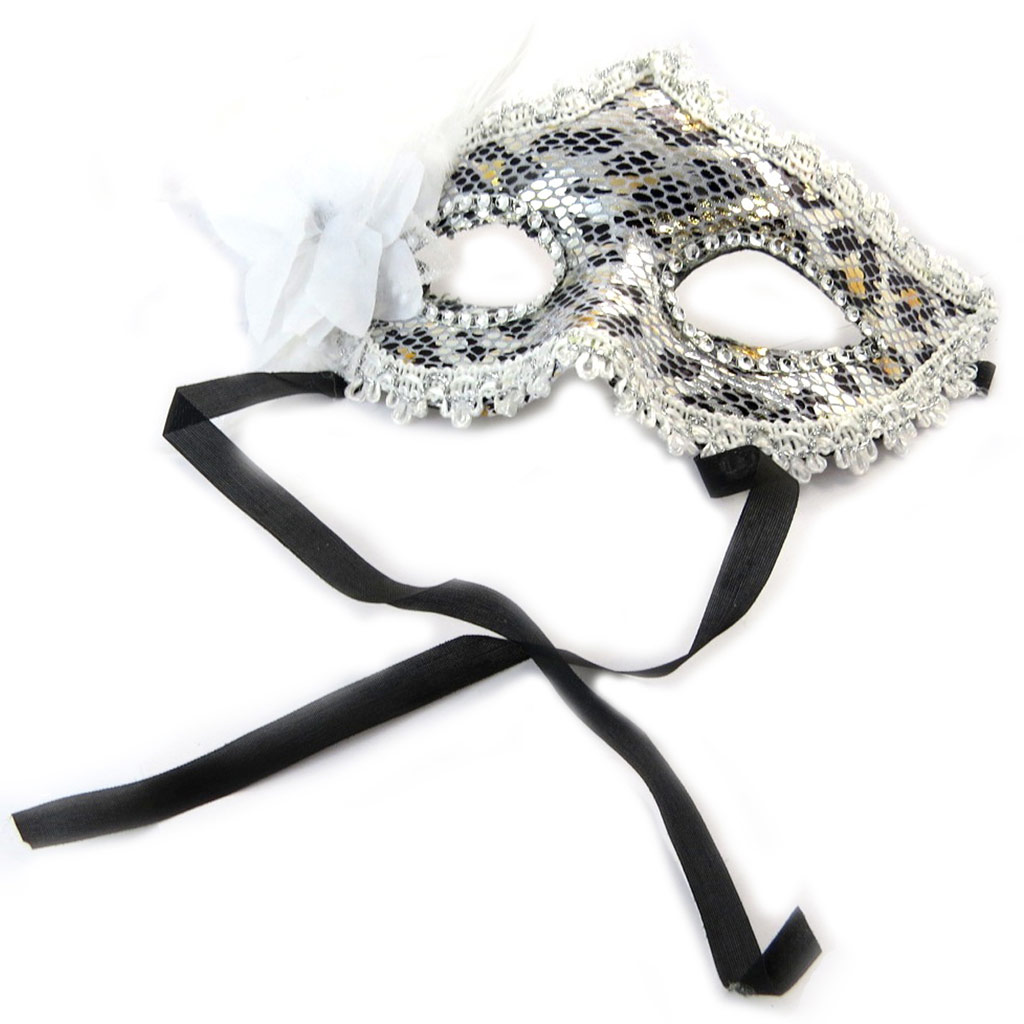 Masque créateur \'Carnaval de Venise\' blanc argenté panthère - [N6183]
