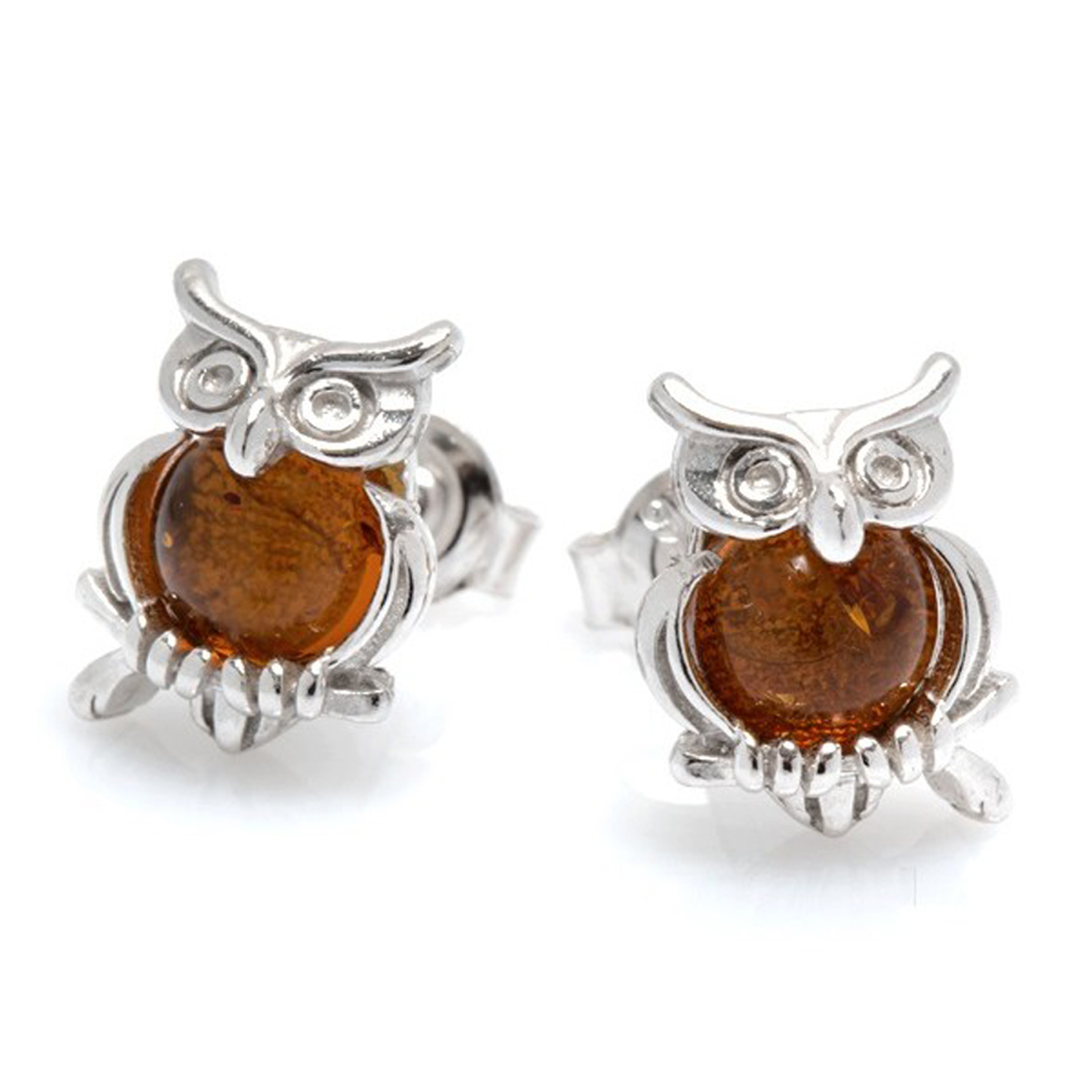 Boucles Argent \'Chouettes\' ambre cognac (rhodié)  - [P3326]