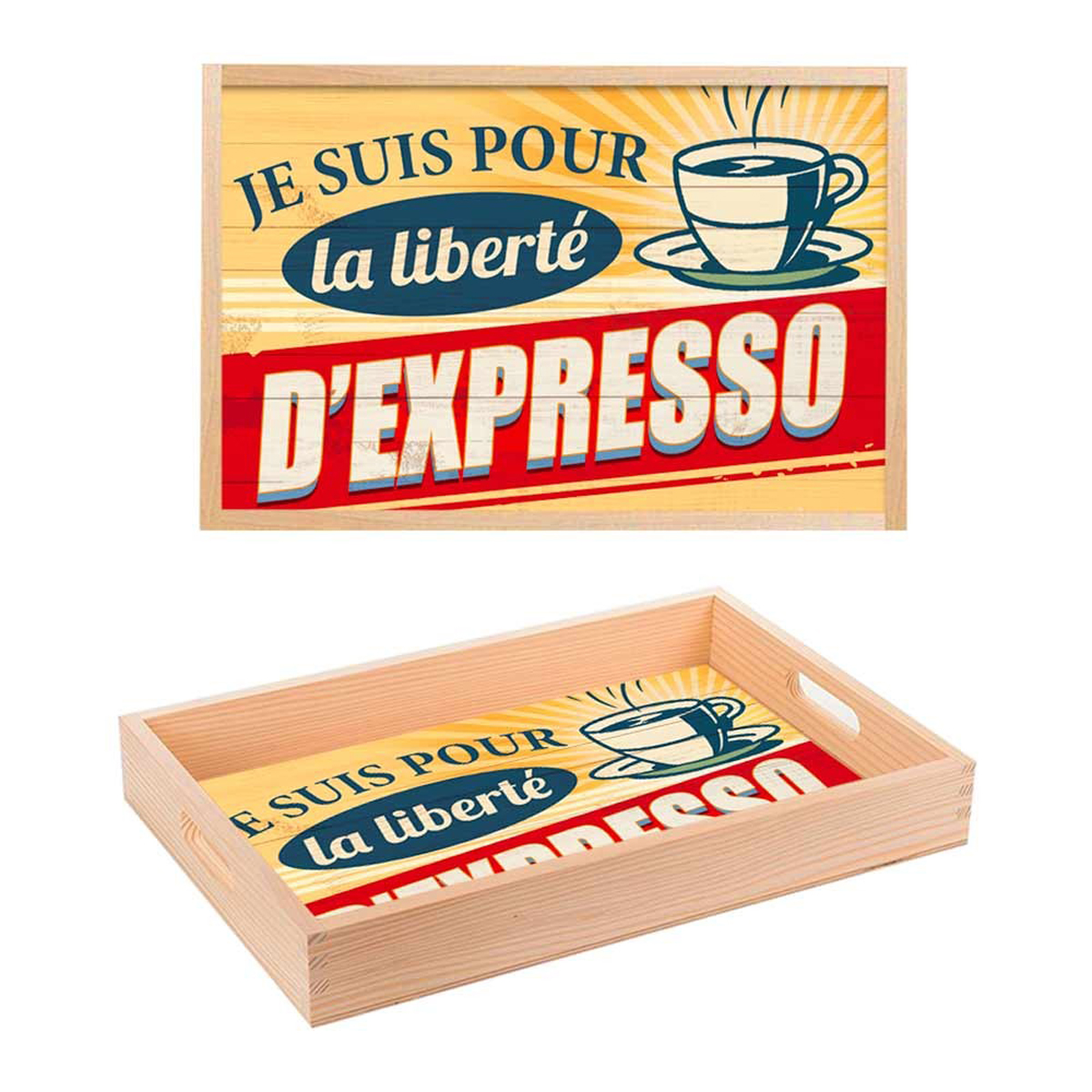 Plateau bois \'Je suis pour la liberté d\'Espresso\' jaune rouge beige - 35x23x45 - [Q0683]