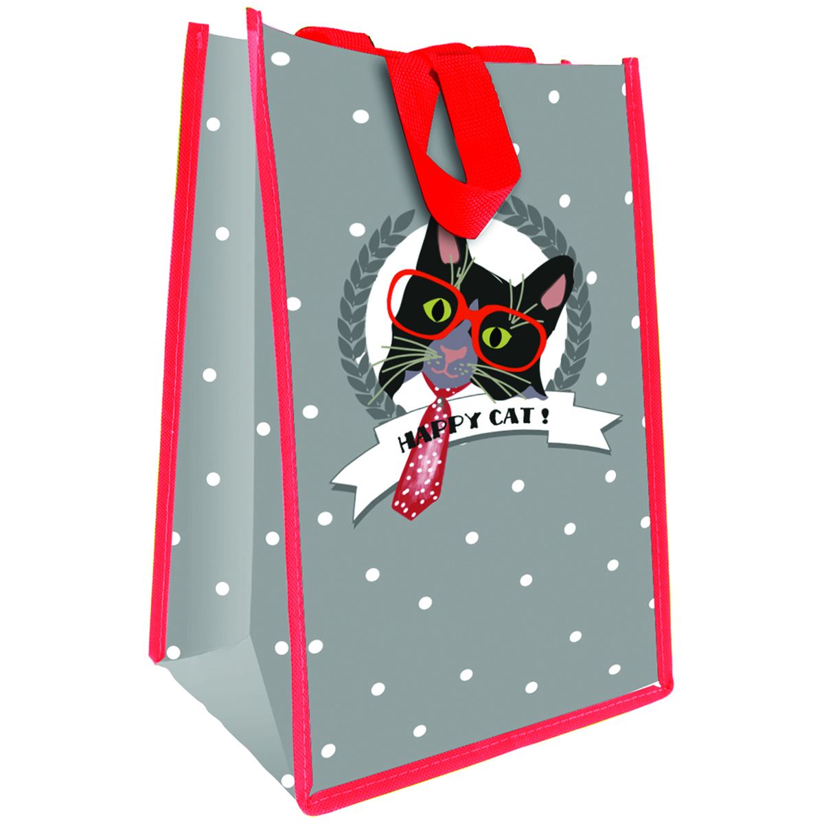 Sac Shopping \'Happy Cat !\' gris rouge - 35x25x19 cm - [Q3383]