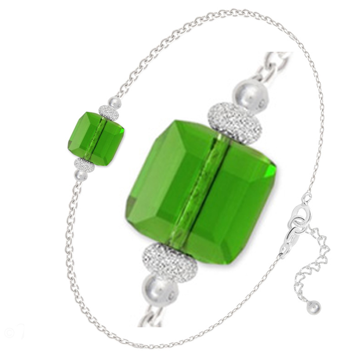 Bracelet argent artisanal \'Sissi\' vert argenté - 6 mm (cube) - [Q4318]