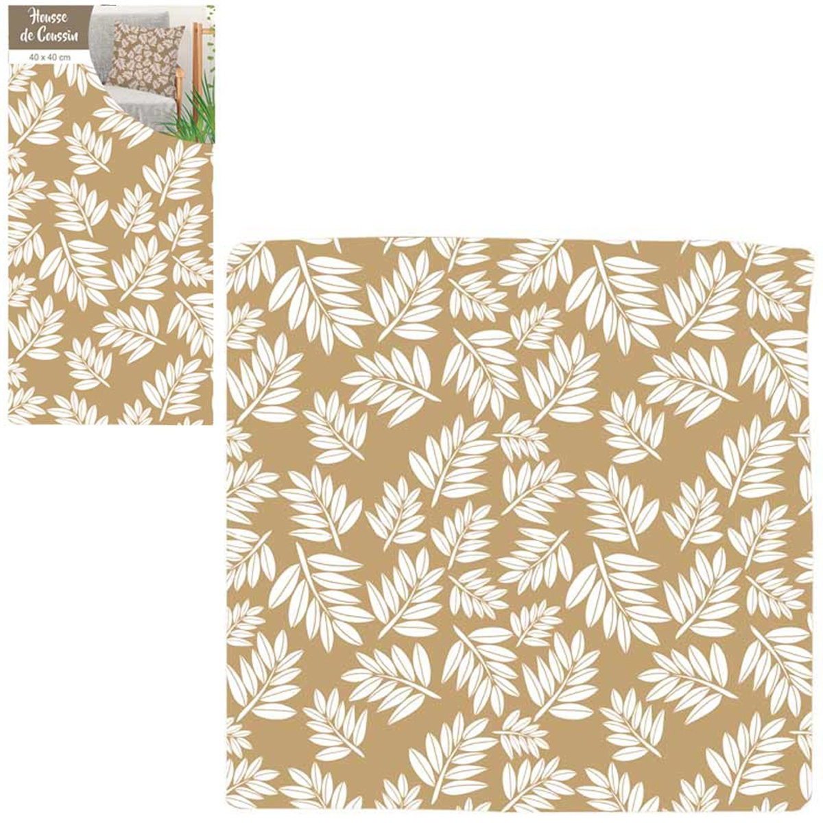 Housse de coussin coton \'Nature\' taupe (feuilles) - 40x40 cm - [Q4324]