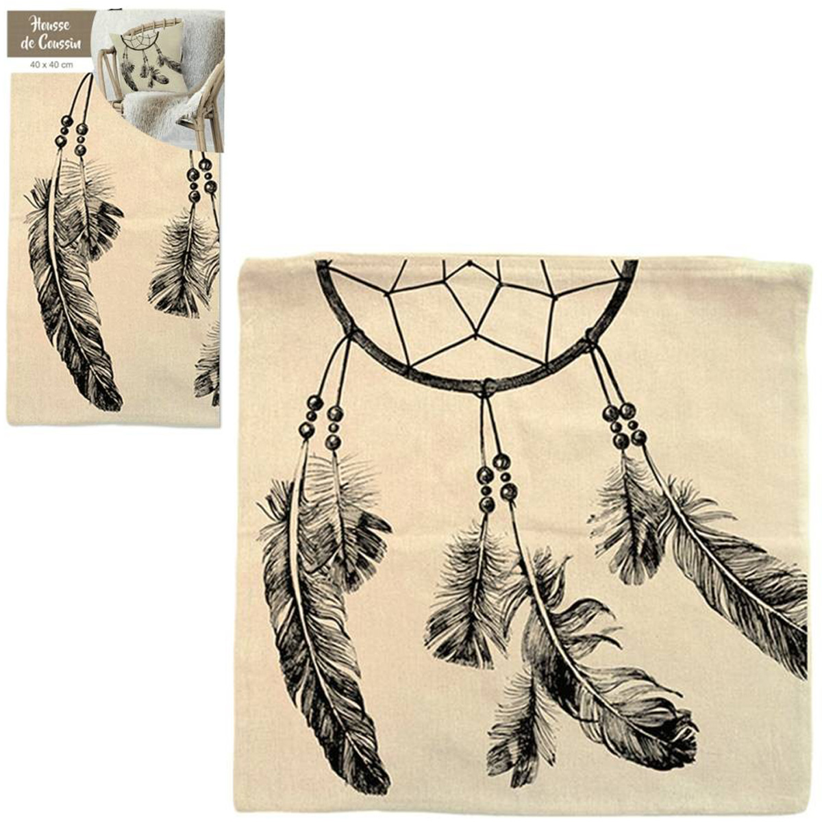 Housse de coussin coton \'Boho\' beige noir (dreamcatcher) - 40x40 cm - [Q4330]