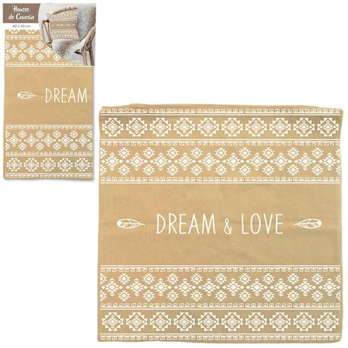 Housse de coussin coton \'Boho\' taupe (dream & love) - 40x40 cm - [Q4331]