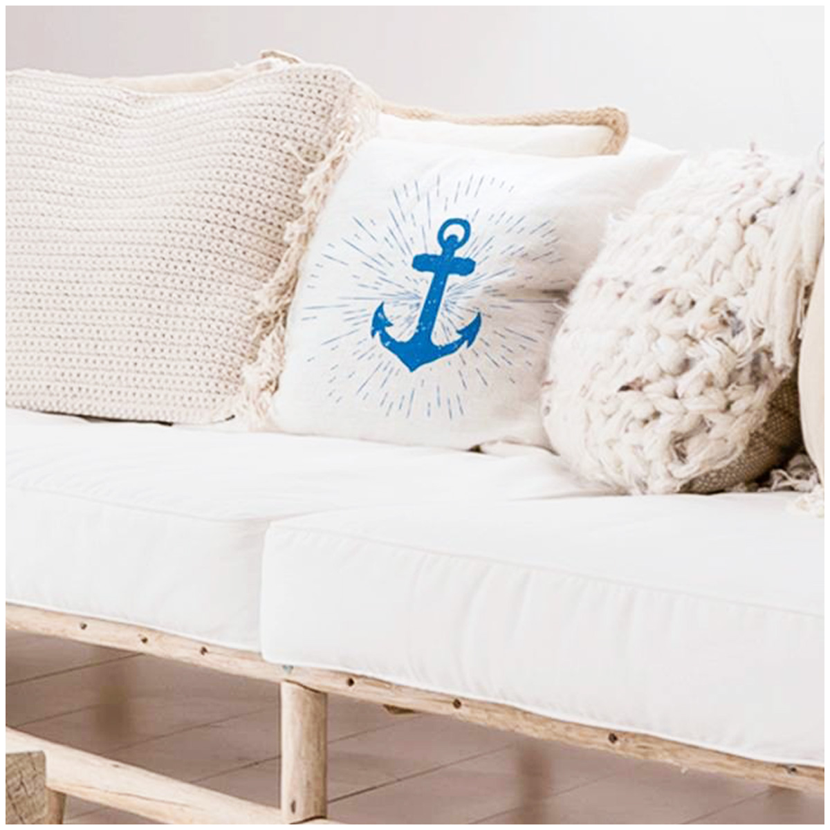 Housse de coussin coton \'Monde Marin\' beige bleu (ancre marine) - 40x40 cm - [Q4334]