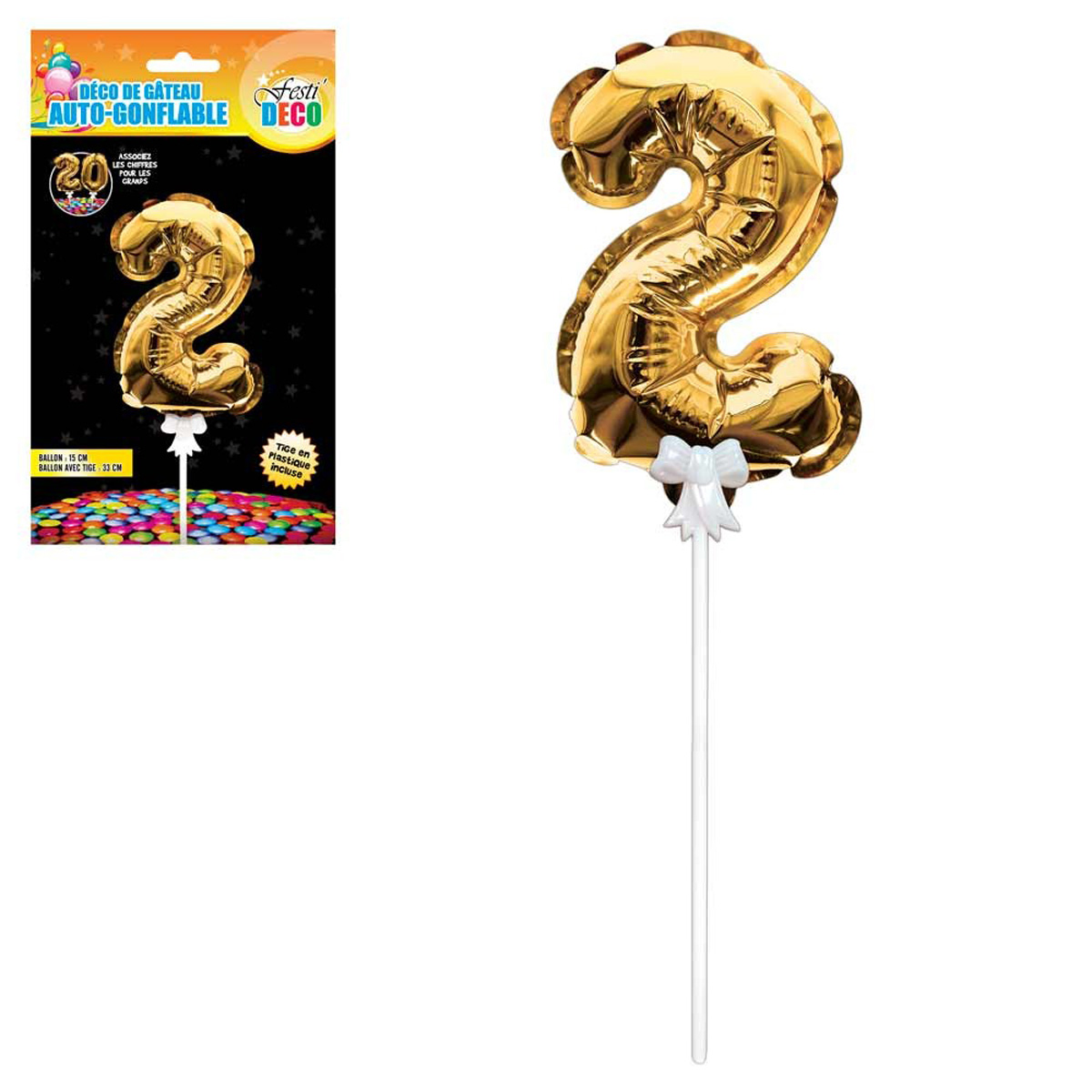 Décoration de gateau ballon métallique \'Chiffre 2\' doré - 15 cm - [Q4351]