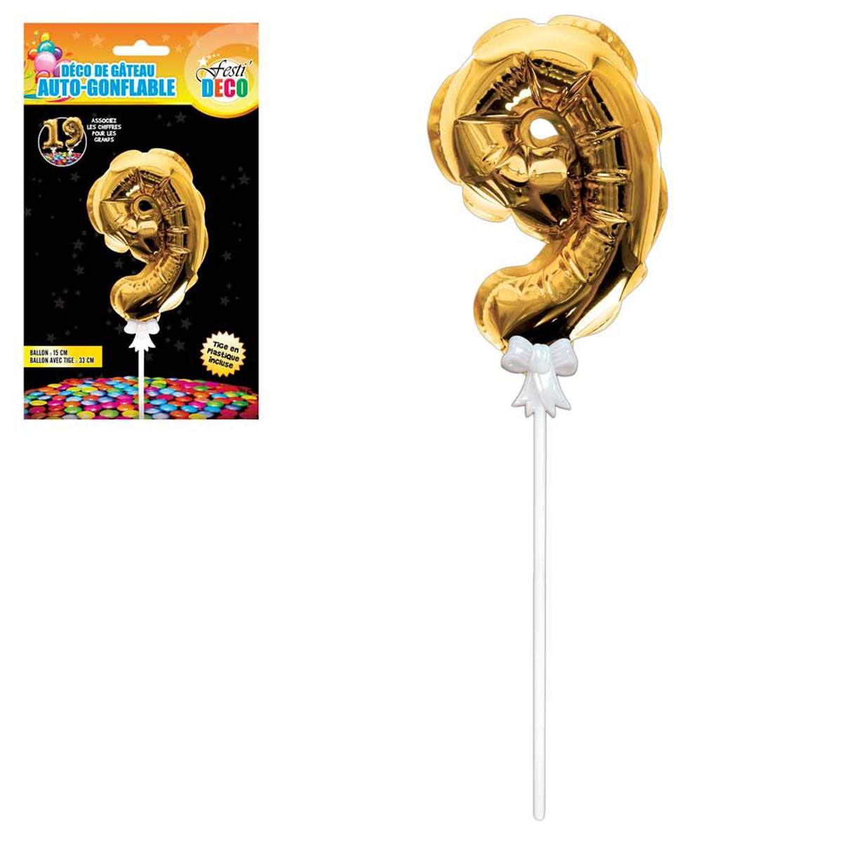 Décoration de gateau ballon métallique \'Chiffre 9\' doré - 15 cm - [Q4358]