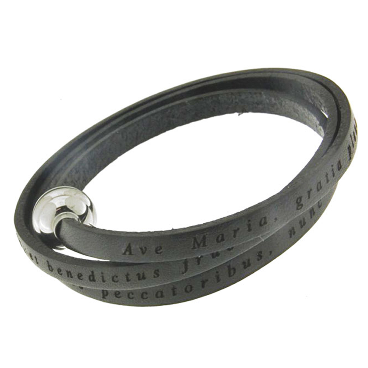 Bracelet acier cuir artisanal \'Ave Maria\' noir (spiritus) - 3 tours, 54 cm 4 mm - [Q4629]