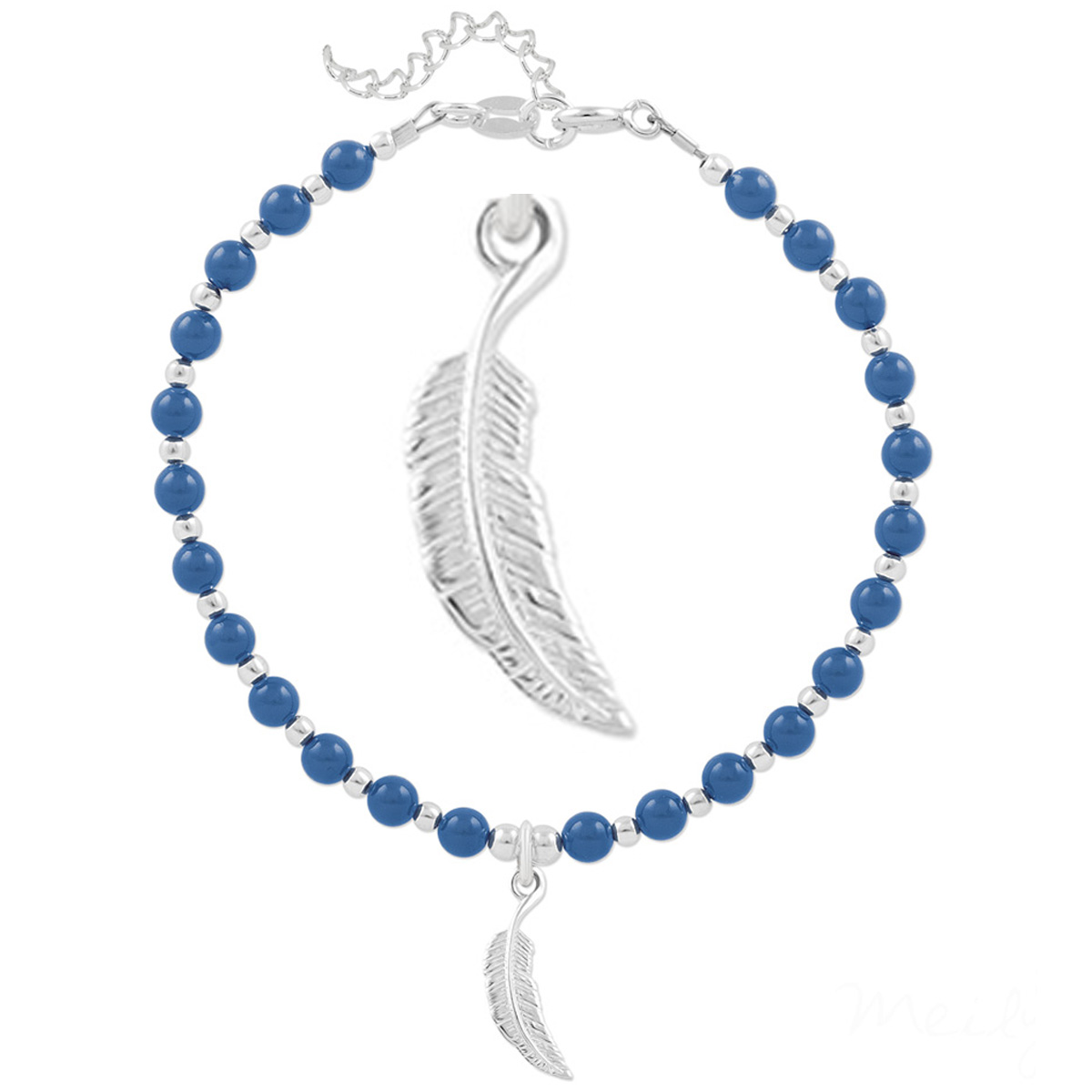 Bracelet argent artisanal \'Boho\' bleu argenté - perles 4 mm , plume 15x5 mm - [Q4685]