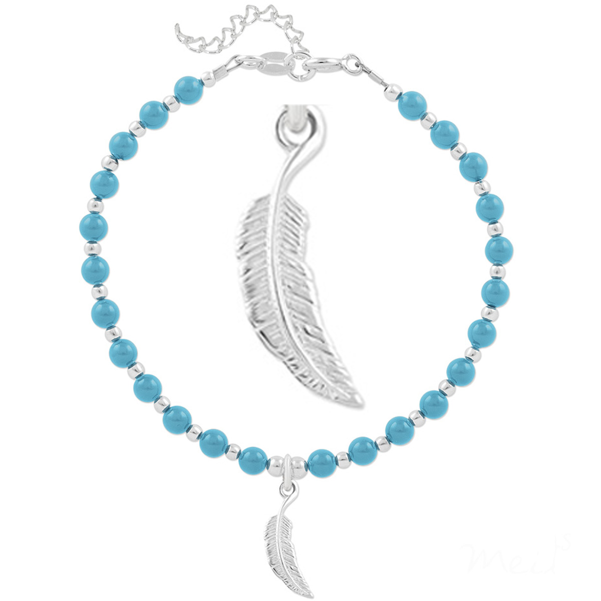 Bracelet argent artisanal \'Boho\' turquoise argenté - perles 4 mm , plume 15x5 mm - [Q4688]