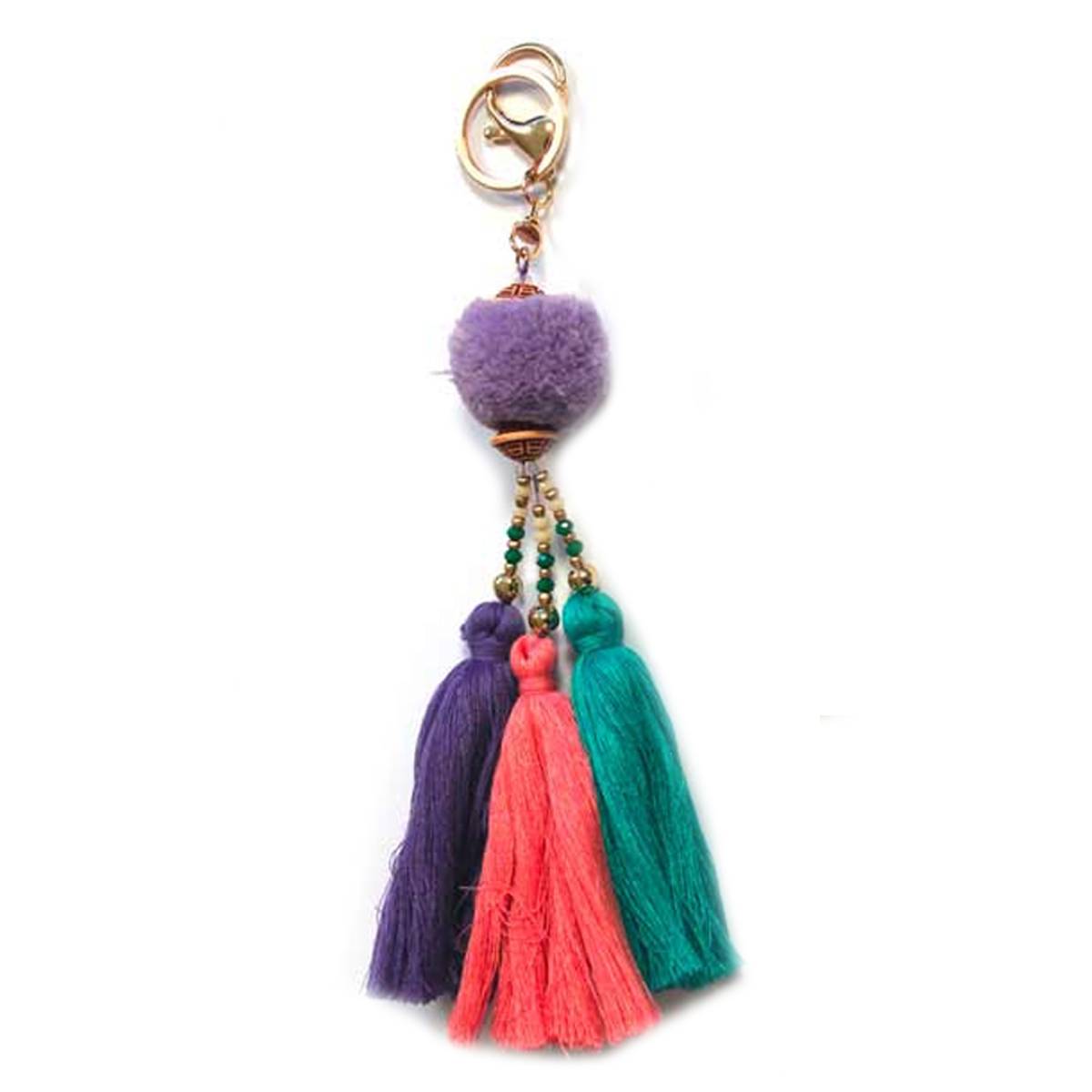 Porte-clés, bijou de sac \'Pompons Bahamas\' violet rose vert - 22x4 cm - [Q7665]