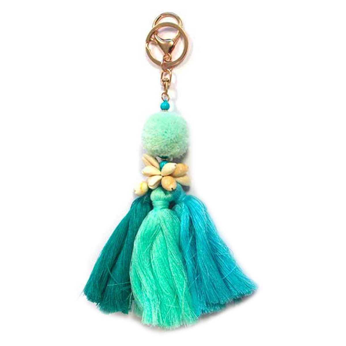 Porte-clés, bijou de sac \'Pompons Bahamas\' turquoise - 22x4 cm - [Q7668]