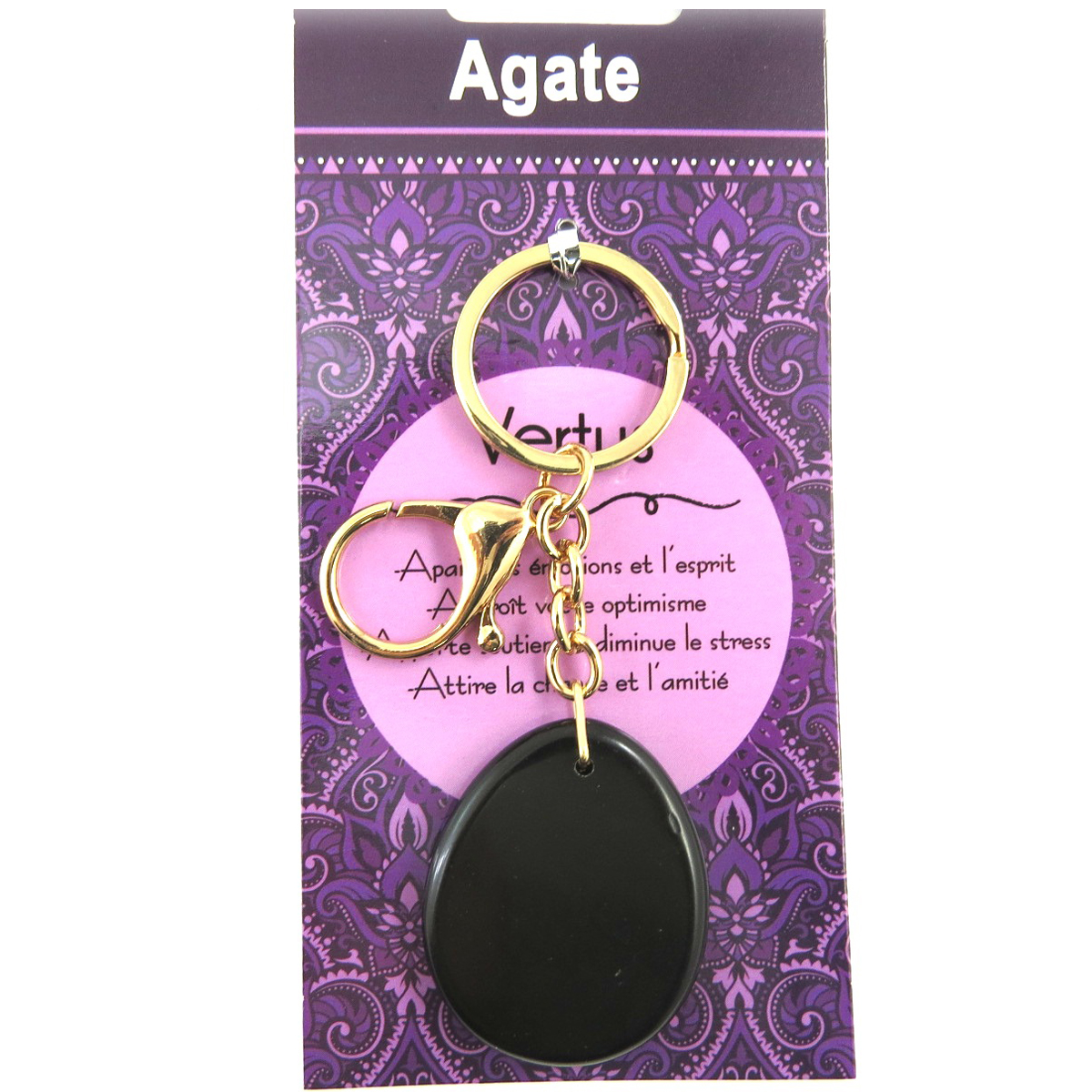 Porte-clés, bijou de sac \'Mineralia\' agate noir onyx - 10 cm, pierre 40x35 mm - [Q7672]